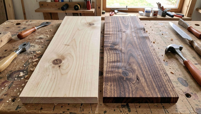 Two sample planks side by side on a workbench, a pale acacia board and a dark tropical hardwood board.