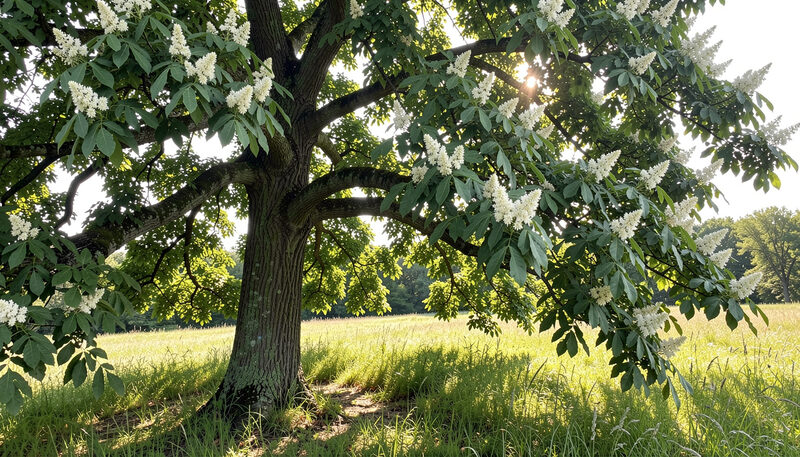 A mature black locust tree in full leaf at the edge of a meadow with sunlight through the canopy.