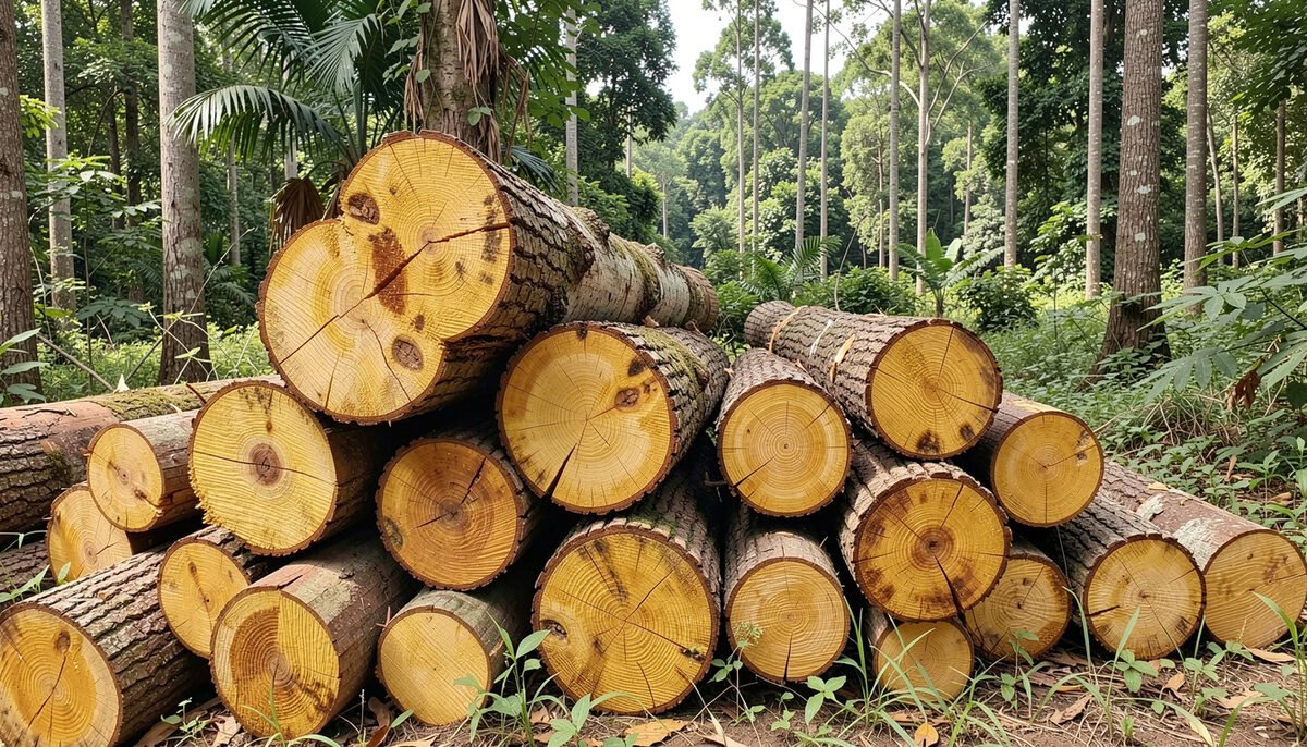 Freshly sawn acacia logs with warm yellow heartwood stacked at the edge of a forest clearing.