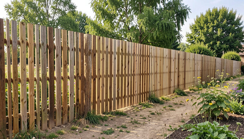 A tall acacia wood fence with vertical boards along a village garden path in late summer.