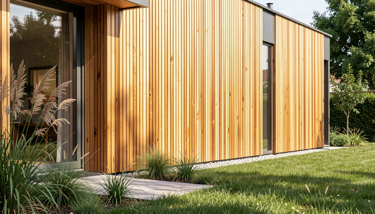 A modern house wall clad with narrow acacia wood boards in warm honey tones seen from the garden.