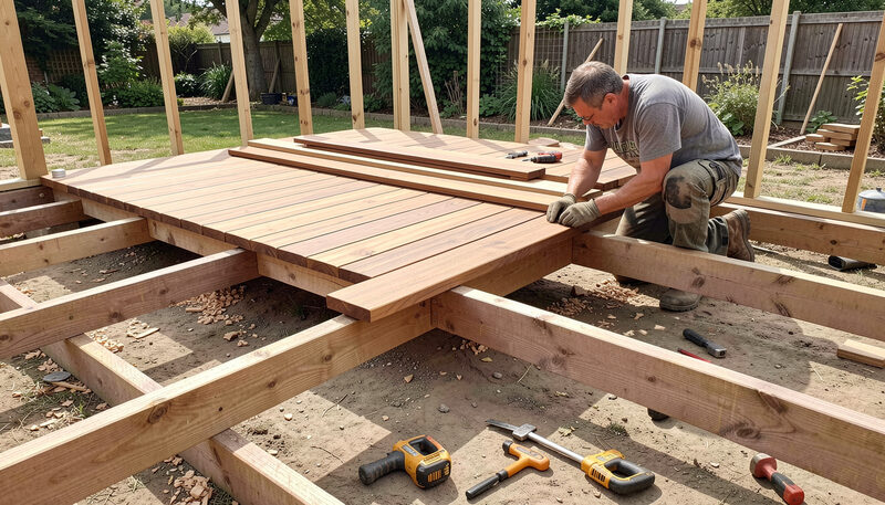 A carpenter fixing acacia decking boards to wooden joists on a partly finished terrace frame.