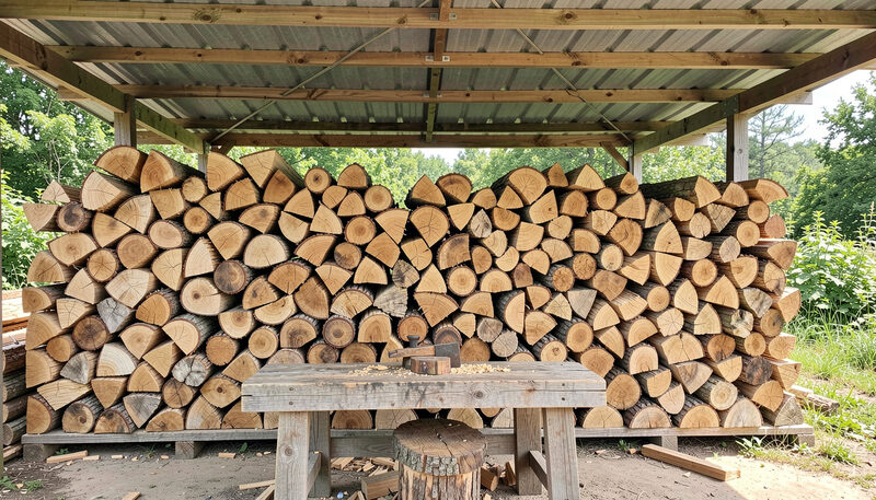 Split acacia firewood stacked in a neat pile under a shed roof with a chopping block in front.
