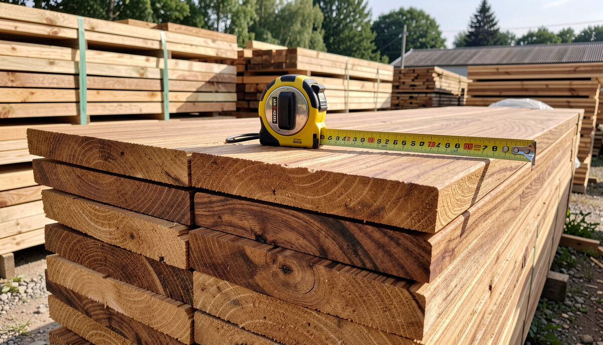 Stacked acacia decking boards with visible grain in a timber yard, a tape measure resting on top of the pile.