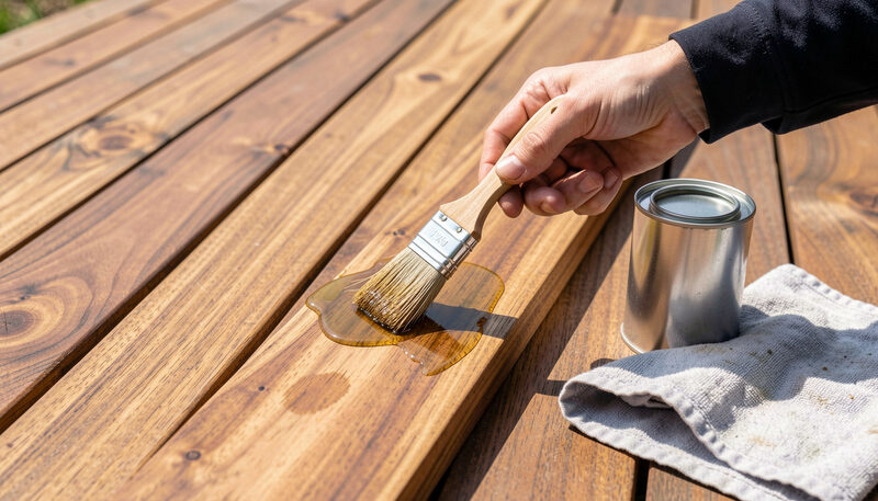 A hand applying oil with a brush to an acacia decking board, a tin of wood oil and a cloth beside it.