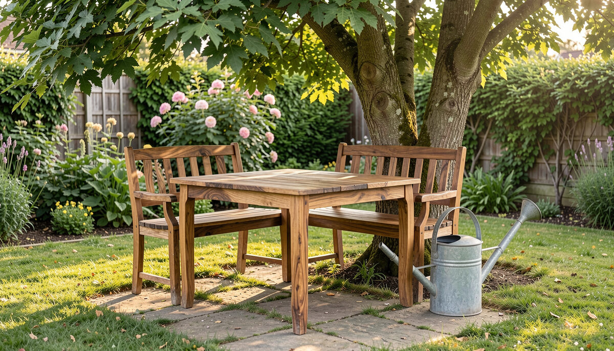 A garden corner with an acacia wood table and bench under a tree with a watering can nearby.