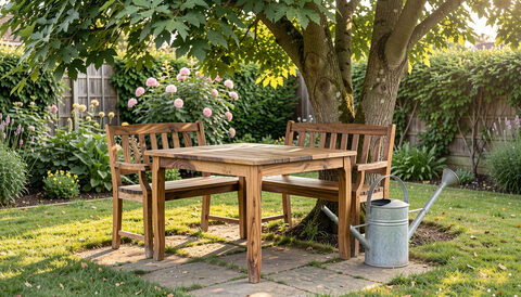 A garden corner with an acacia wood table and bench under a tree with a watering can nearby.