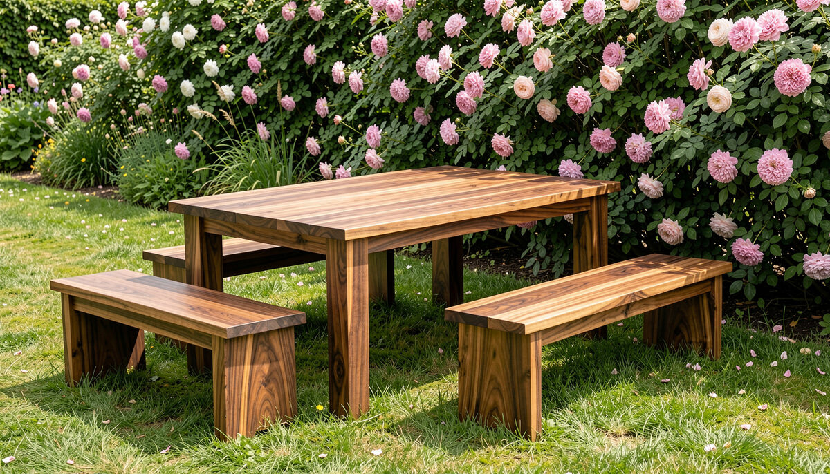 A sturdy acacia wood garden table with two benches on a lawn beside a flowering hedge.