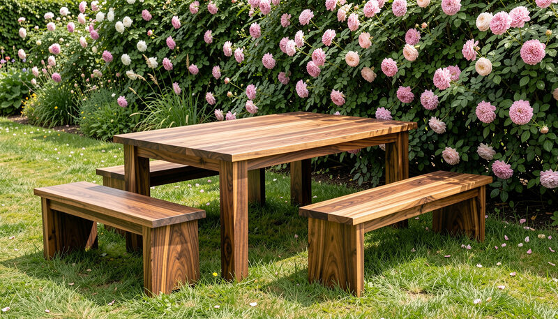 A sturdy acacia wood garden table with two benches on a lawn beside a flowering hedge.